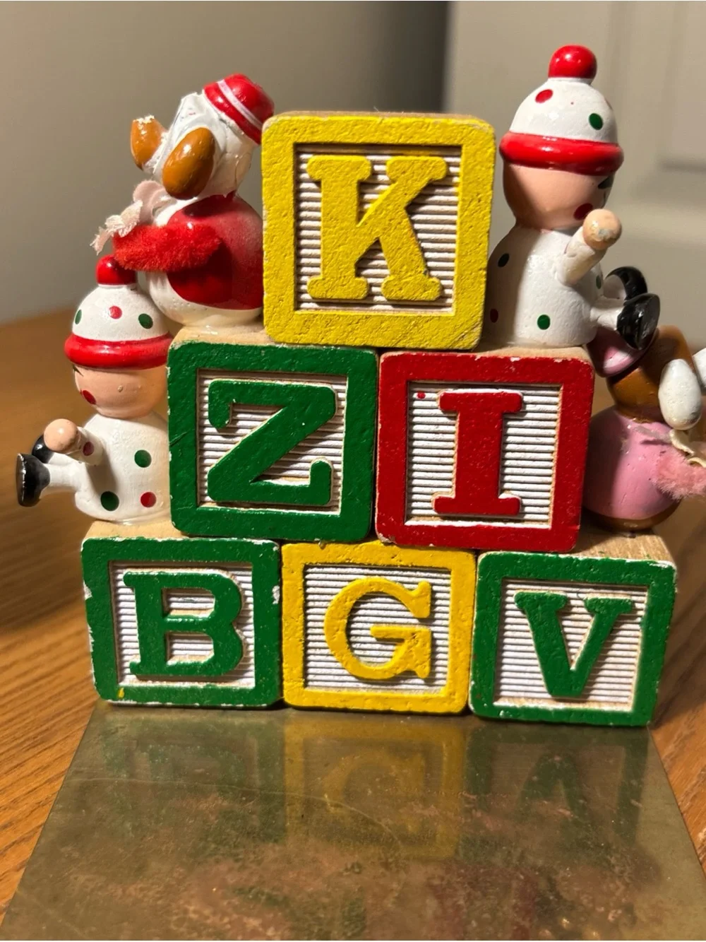 Wooden Alphabet Blocks Set with Festive Figures - Red, Green, Yellow, bookends